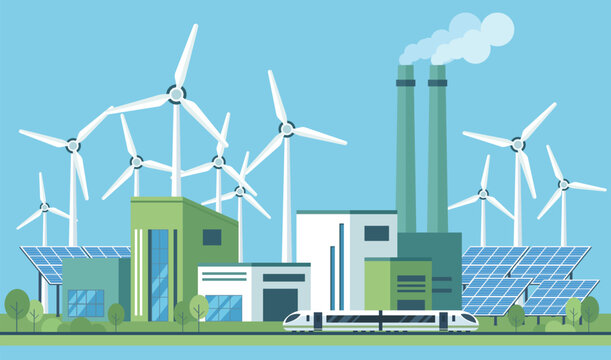 Flat illustration of sustainable smart city with renewable energy, wind turbines, solar panels, eco factory and modern rail transport
