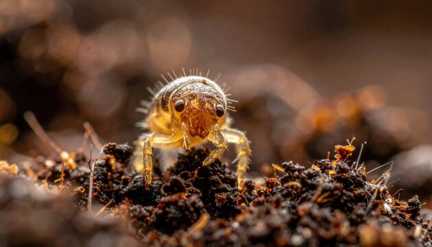 Tiny Springtail Insect Emerging from Dark Soil in Macro Wildlife Photography