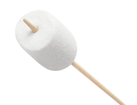 White marshmallow on wooden stick, isolated on cutout transparent background