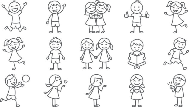 Diverse group of stick figures children playing and learning, happy and energetic.
