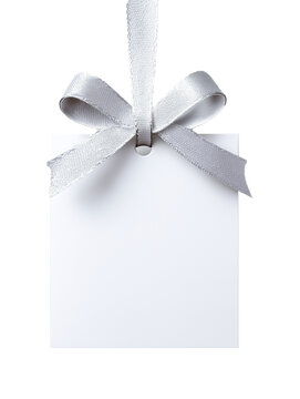 White Gift Tag with Satin Ribbon Bow Isolated on Transparent Background