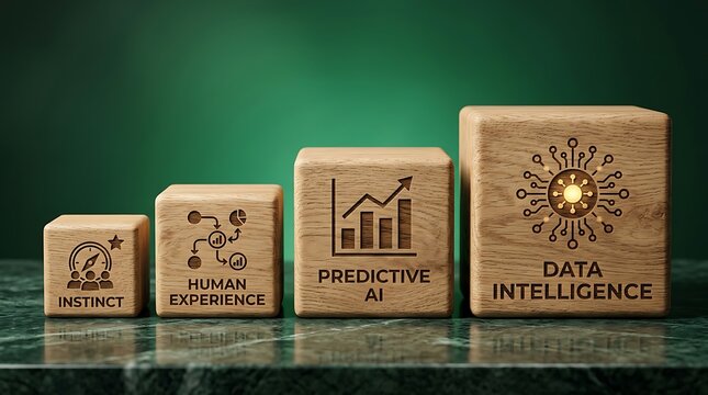 Wooden blocks increasing in size represent the evolution of business strategy from instinct and human experience to predictive ai and advanced data intelligence technology