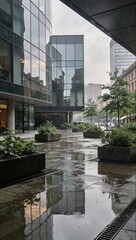 Obraz premium Modern glass office skyscraper plaza reflection on wet pavement after rain ideal for corporate business background and urban lifestyle branding