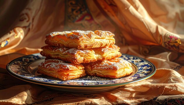 Intricately Patterned Pastries Stacked on a Decorative Plate with a Softly Lit Background