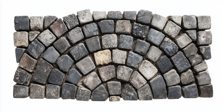 square segment of antique granite cobblestones in fan pattern on white background