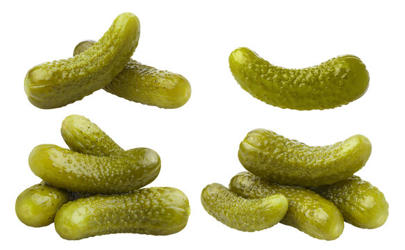 Pickled cucumbers gherkins set, isolated on cutout transparent background