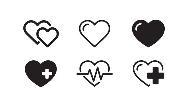 Couple heart and medical health cross symbols with heartbeat line in black silhouette style.