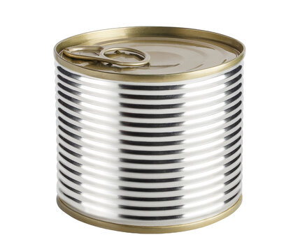 Closed tin can with pull ring lid, isolated on cutout transparent background