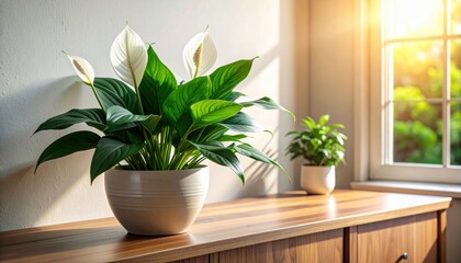 Fototapeta premium Elegant peace lily plant with white blooms and lush green leaves in warm indoor sunlight