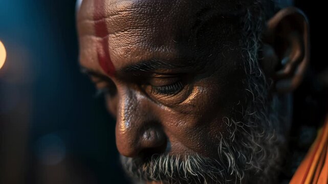 Portrait of an elderly Indian man praying with closed eyes in a temple