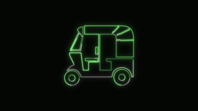  Auto Rickshaw Icon Neon Seamless Loop 4K with Black Background Animated Promotional Typography for Video Editing