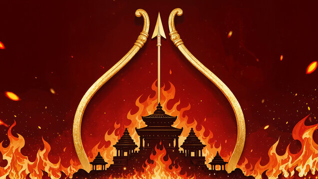 A dramatic burning scene with a golden bow and temple on fire