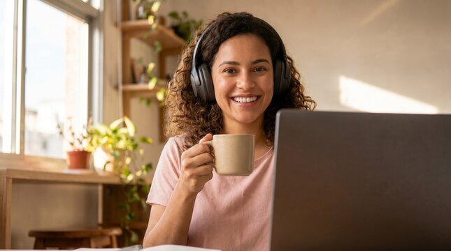 Mulher brasileira sorridente com fone de ouvido em videochamada no laptop. Conceito de home office, freelancer e educa&ccedil;&atilde;o online.