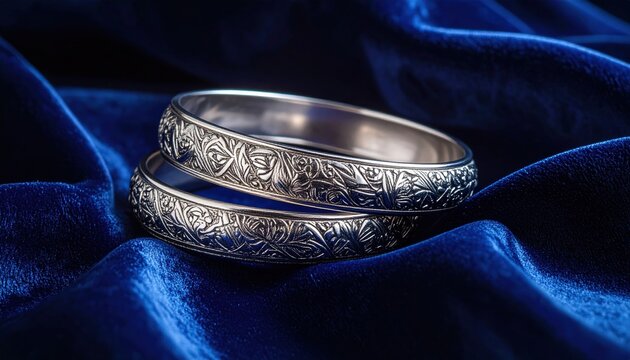 Set of two intricately engraved silver bangles with ornate floral patterns displayed on a dark blue velvet surface.