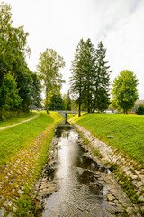 Fototapeta premium A view of the Unterer Floßgraben near Muldenhammer and the surrounding landscape. Idyllic nature by the lake near Muldenberg, in the Vogtland district of Saxony. 
