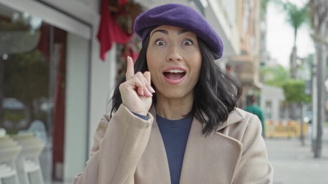 Woman pointing finger at camera showing ring, wearing purple beret and beige coat on street cafe sidewalk; playful greeting.