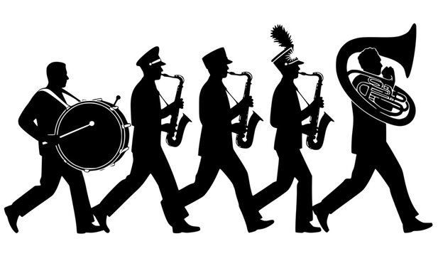 Silhouette of a marching band parading in a row. Musicians wearing uniforms and hats while playing various instruments including a bass drum, saxophones, and a tuba on a plain background.