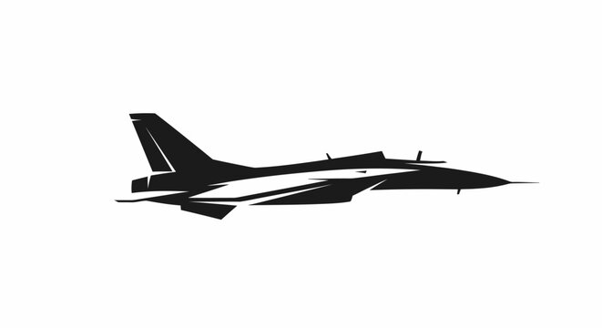 Sleek Black Fighter Jet Airplane Icon in Silhouette, isolated white background