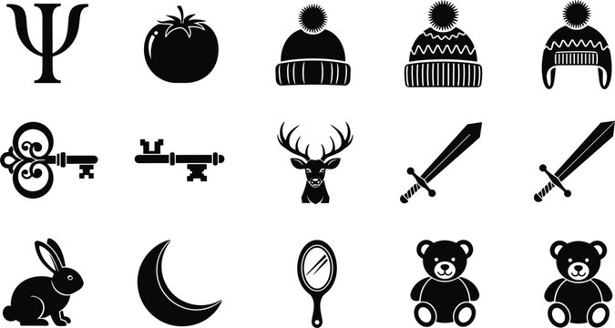 Icon Set with Psy, Tomato, Hat, Key, Deer, Sword, Bunny, Mirror, and Teddy Bear Illustrations for Websites, Apps, and Digital Media Designs