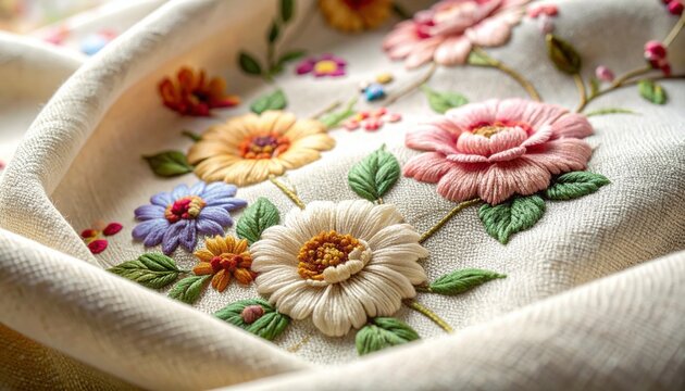 Intricate Floral Embroidery on Textured Fabric Showcasing Delicate Stitched Blooms and Leaves