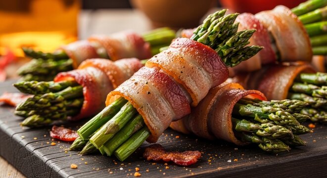 Asparagus wrapped in bacon on a wooden cutting board. Delicious appetizer snack for dinner party or holiday meal. Savory vegetable dish with crispy pork meat. Gourmet cuisine food.