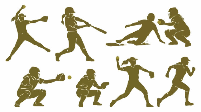 Flat Khaki Silhouette Softball Players Action Poses Vector Illustration For Commercial Use