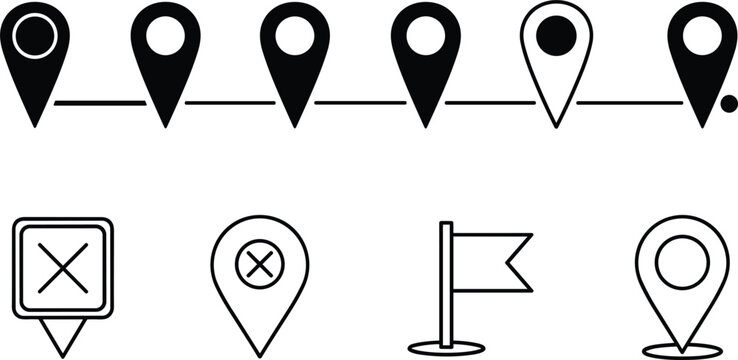 Location Pin Icons Set with Map Markers, GPS, Flag, and Cross Symbols for Navigation, Mapping, and Travel Applications