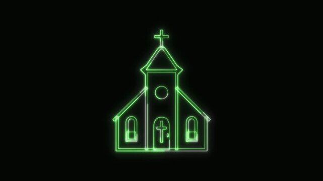  Church Icon Neon Seamless Loop 4K with Black Background Animated Promotional Typography for Video Editing
