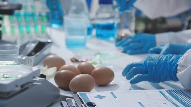 Researcher conducts food analysis in laboratory on eggs and dairy with microscope and data sheet for study on nutrition concept