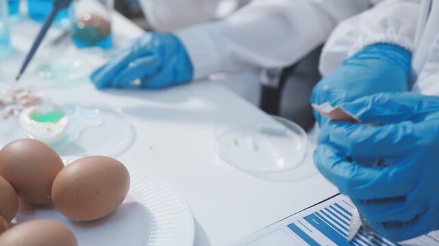 Researcher conducts food analysis in laboratory on eggs and dairy with microscope and data sheet for study on nutrition concept