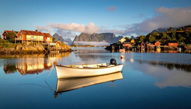 Small white fishing boat gently bobbing in calm water near a picturesque coastal village with mountains in the background.