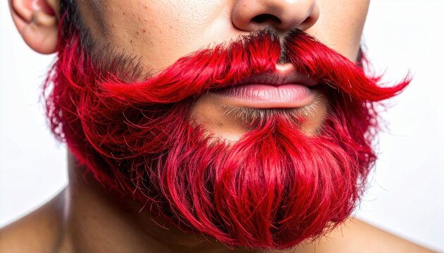 Vibrant crimson dyed beard and mustache on a man's face