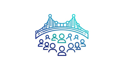 Naklejka premium Blue Line Art Logo of a Bridge Connecting Groups of People, Symbolizing Community and Connection, Isolated White Background.