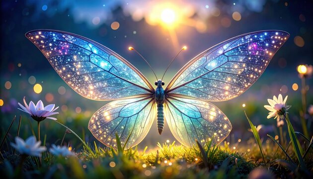 Luminescent Butterfly with Sparkling Pixie Wings in a Magical Sunlit Meadow