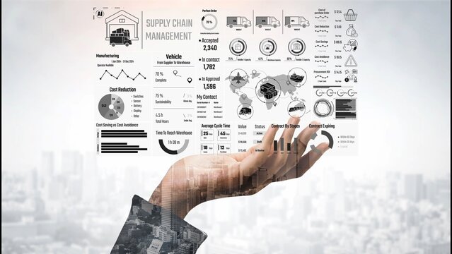 Supply chain management interface showing delivery routes, warehouse efficiency, cost savings, vehicle tracking, procurement ROI, and contract stages. Futuristic supply chain monitoring system. Thunk