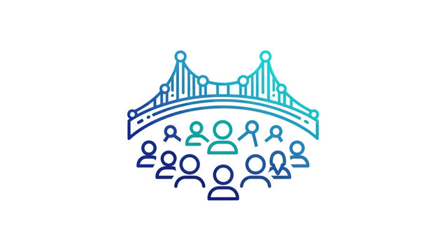 Blue Line Art Logo of a Bridge Connecting Groups of People, Symbolizing Community and Connection, Isolated White Background.