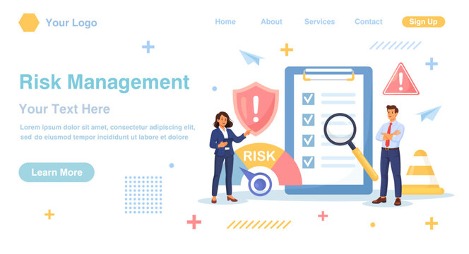 Risk management, assessment. Identifying hazards, financial safeguarding, strategic planning. Analyst with checklist, caution signs. Mitigation strategies, ensuring project security. Flat illustration