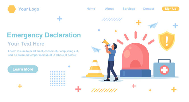 Businessman with megaphone giving instructions about current state of emergency. Flashing red alert siren signaling danger or emergency situation. Business disaster. Vector flat illustration
