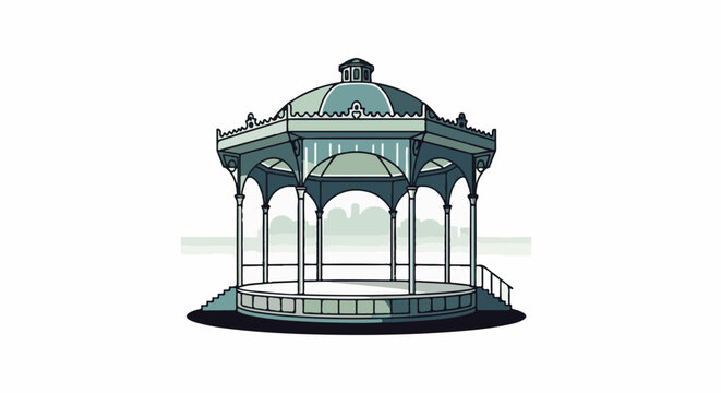 A detailed, stylized illustration of a classic bandstand with an octagonal roof and ornate pillars