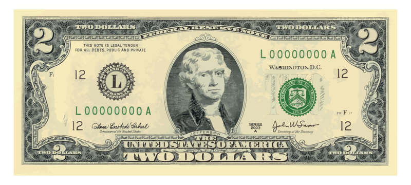 US Dollars 2 banknote -American dollar bill cash money isolated on white background
