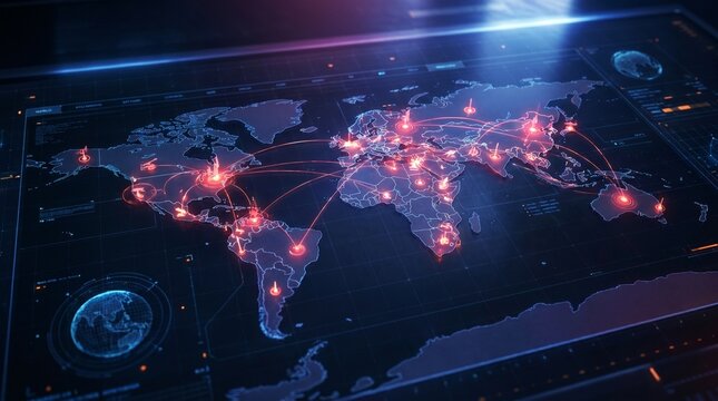 Global Network Connections and Digital Data Spread Across the World Map