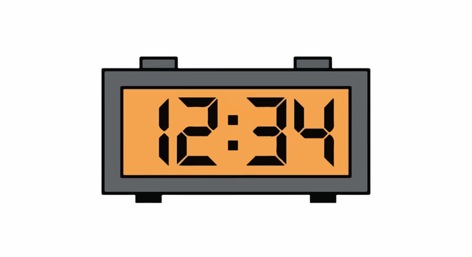 A digital alarm clock displays the time 1234 with a bright orange screen and gray casing