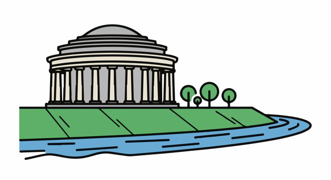 A domed building with columns sits beside a body of water, with trees on a grassy hill