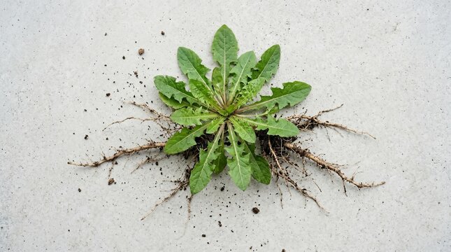 Dandelion weed with long taproot system isolated on white background. Botanical specimen of garden plant with exposed roots for agriculture, gardening and botany study concept.