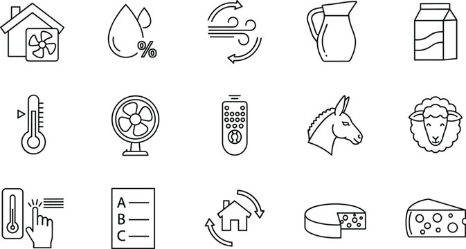 "Set of 12 Household and Temperature Control Icons Featuring Fans, Thermometers, and Kitchen Items"