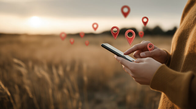 Person using smartphone with digital location pins in a golden field at sunset, representing GPS navigation and mobile location tracking.