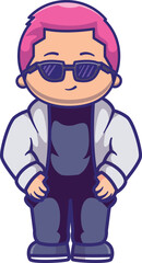 Naklejka premium Playful cartoon character with bright pink hair and sunglasses, radiating a lively and energetic vibe.