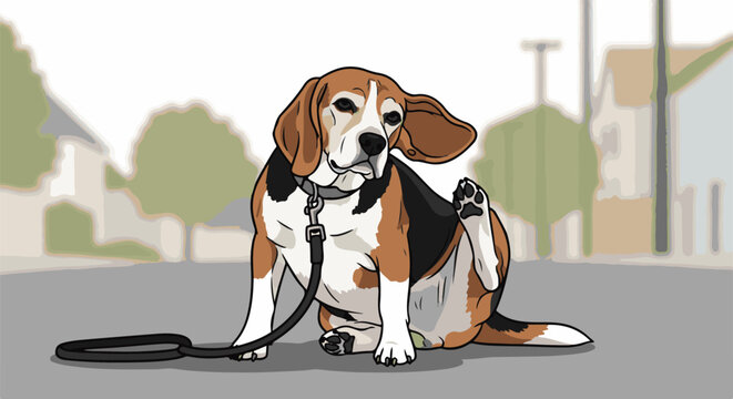 A cartoon beagle dog sits on a street with its leash, scratching an itch with its paw