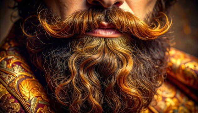 Close-up view of a man's richly textured, curly dark auburn beard and mustache, showcasing intricate hair details