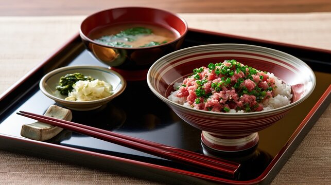 negitoro don set meal with miso soup, japanese minced tuna rice bowl